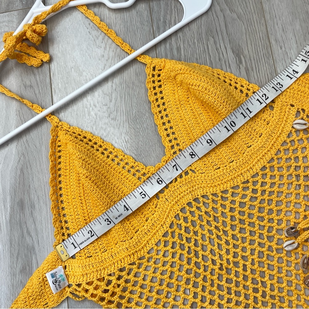 Crochet Halter Tank Top shell fringe crop womens Yellow (small) beach festival - Picture 3 of 6